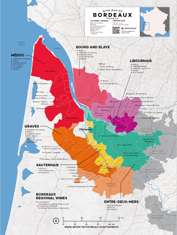 Wine Map of Bordeaux, France