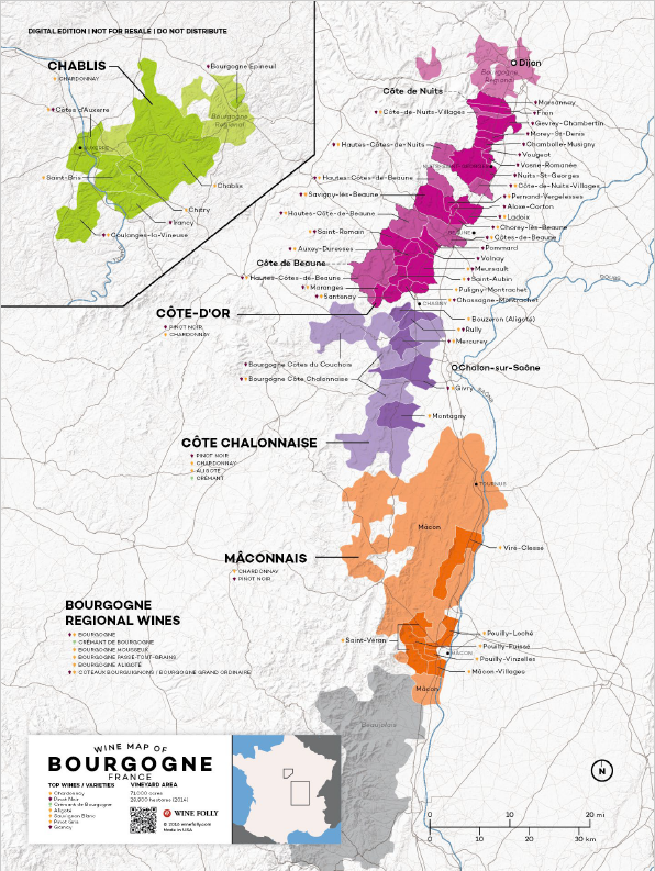 Wine Map of Burgundy, France