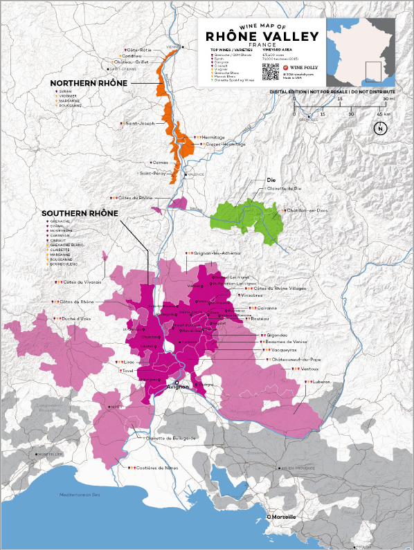 Wine Map of Rhone Valley, France